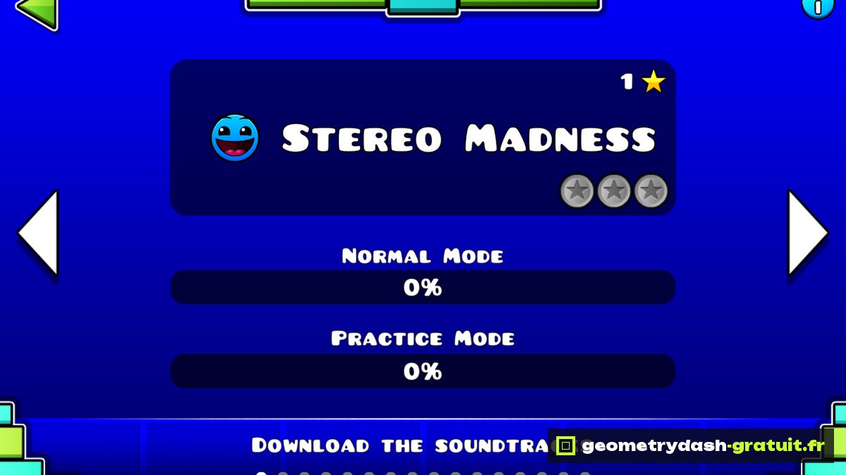 Écran de sélection du niveau Stereo Madness dans Geometry Dash Lite